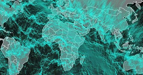 Digital Grid World Map Highlighting Africa with Turquoise Mesh