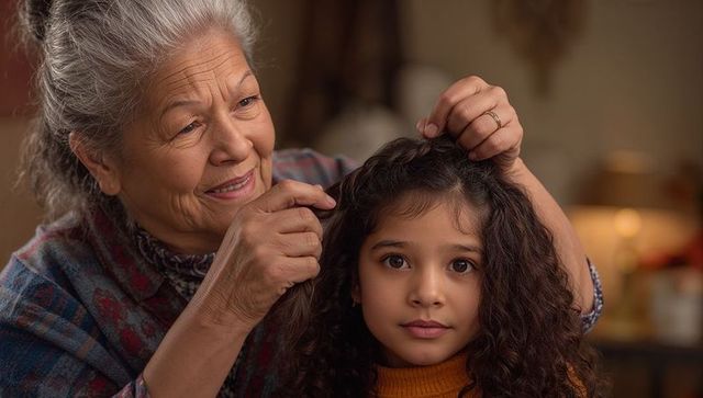 Grandmother Braiding Granddaughter's Hair in Cozy Living Room