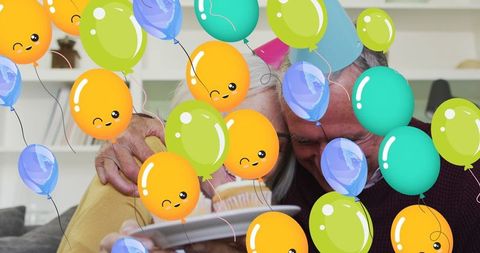 Senior Couple Celebrating with Cheerful Balloons Overlay - Download Free Stock Images Pikwizard.com