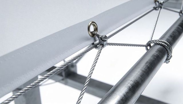 Stainless steel rigging closeup showing sail cable eyelet thimble clamp on spar for marine hardware