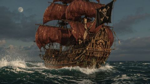 Majestic pirate ship sailing in the moonlit sea