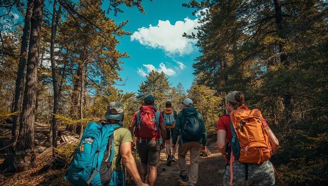 Group of hikers trekking through sunlit pine forest trail with colorful backpacks