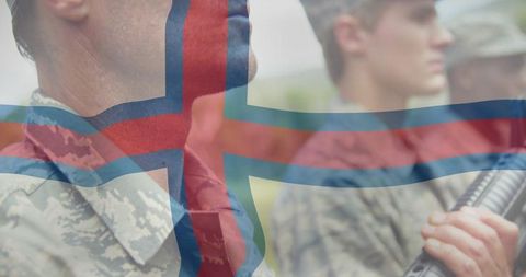 Uniformed Soldiers Standing in Formation with Flag Cross Overlay Conveying Patriotism