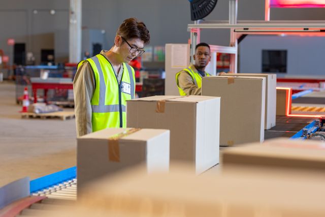 Asian mature man and african american young male coworker checking cardboard boxes on conveyor belt. unaltered, warehouse, teamwork, logistics and shipping occupation.