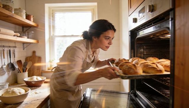 Home Baker Removing Golden Artisan Loaves from Oven in Sunlit Rustic Kitchen