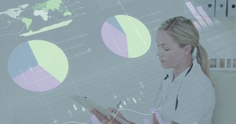 Female Doctor with Infographic Data in Healthcare Setting