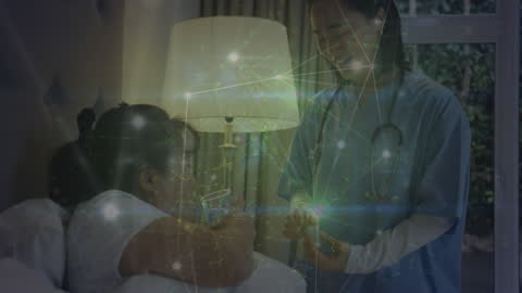 Asian Doctor Caring for Patient with Digital Connection Overlay