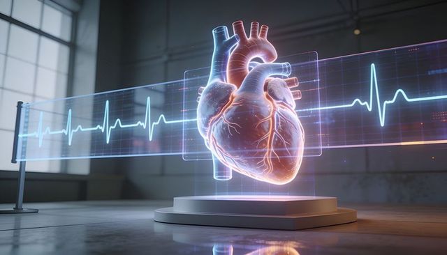 Hovering holographic human heart pulsing above pedestal with ecg ribbon in research lab
