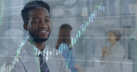 Confident Businessman Analyzing Vibrant Financial Data Overlay
