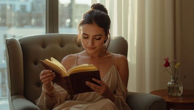 Young woman reading vintage hardcover book relaxing in tufted armchair by city window