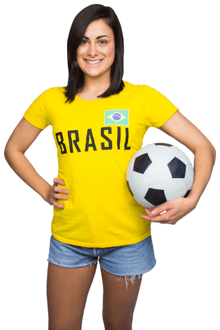 Cheerful Brazilian Soccer Fan Holding Ball Transparent Background