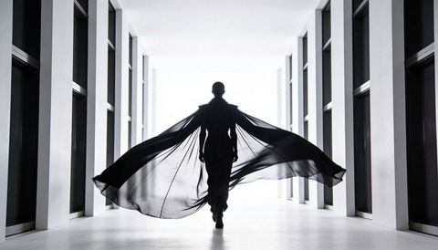 Silhouette Walking Down Minimalist Corridor Wearing Flowing Cape and Dark Tailored Jacket