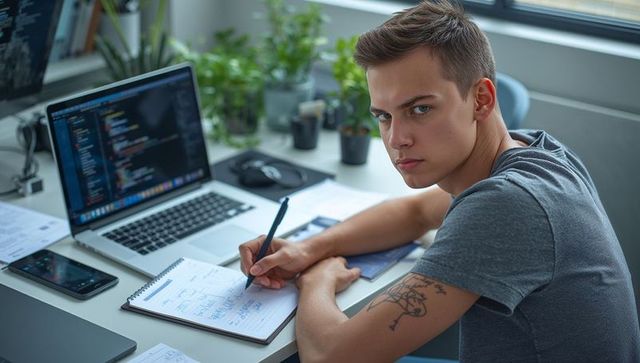 Focused coder writing notes at modern desk with laptop displaying code and plants