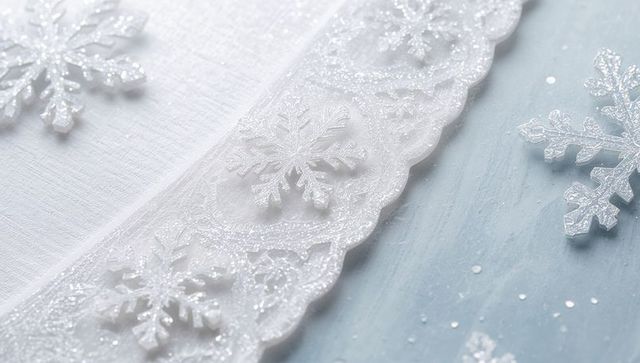 Winter Glittered Snowflake Lace Ribbon Lying Diagonally on Pale Blue Painted Wood