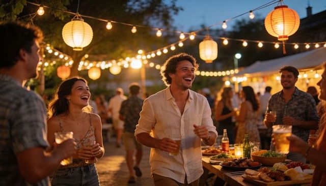 Friends celebrating backyard summer party under string lights and paper lanterns