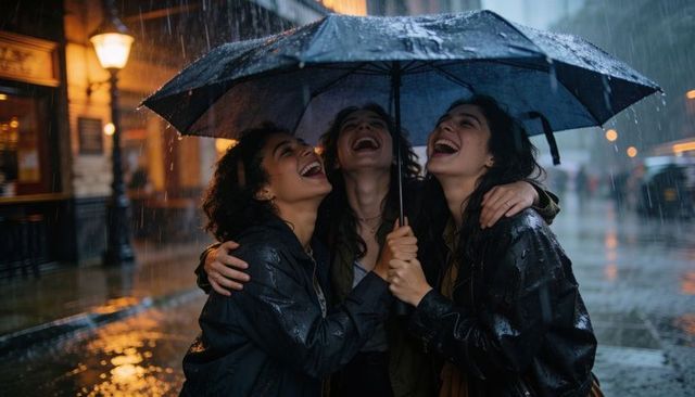 Laughing friends huddling under umbrella on rainy city night with warm bokeh reflections