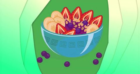 Healthy breakfast with fruit and granola in blue ceramic bowl