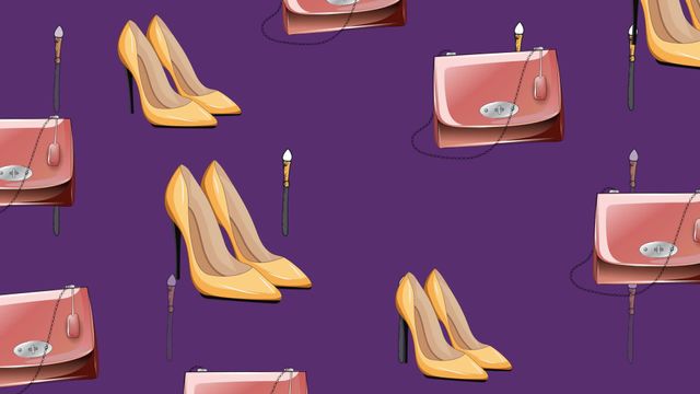 Seamless pattern featuring stylish elements such as yellow high-heeled shoes, red handbags, and lipsticks on a purple background. Suitable for fashion blogs, design projects, digital art, background designs, advertisements, and social media posts focused on fashion and style.