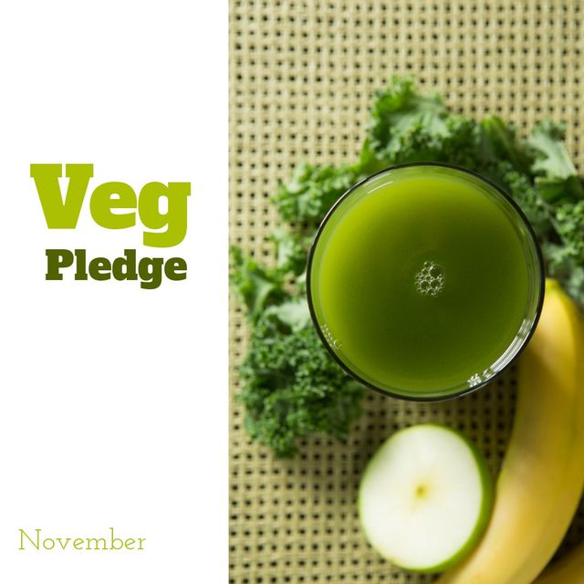 Image of green juice, kale, pear and banana and veg pledge text. Image of shopping bag with vegetables and veg pledge on orange background.