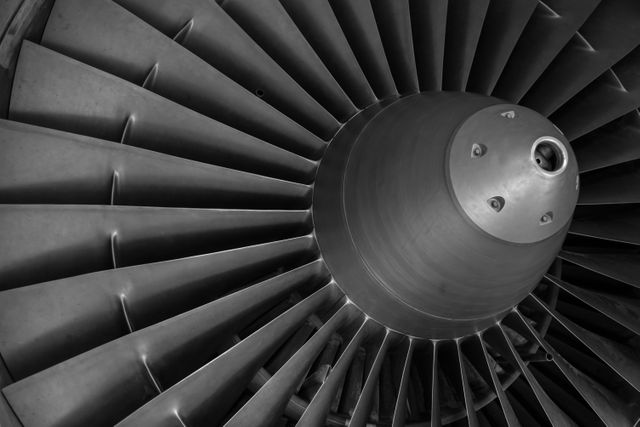 Black and white close-up of jet engine turbine blades offers a detailed view of aviation technology and industrial engineering. Ideal for use in articles on aerospace engineering, technology innovations, and educational materials related to aviation and machinery.