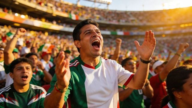 Passionate mexican soccer fans cheering in stadium celebrating goal with raised arms