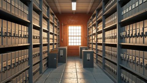 Archive room with monochrome filing system illuminated by natural light, criminal record storage con