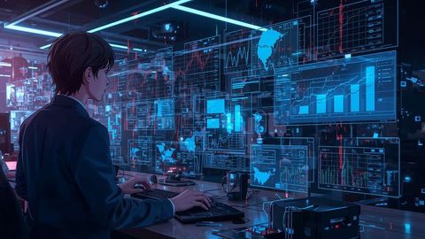 Digital Analyst Monitoring Holographic Data in a Control Room