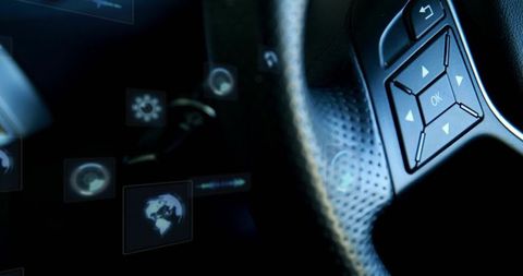 Futuristic car steering wheel control pad with hud icons, perforated rim and ambient blue glow