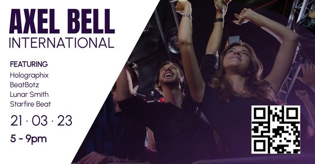 Concert ticket showcasing upcoming Axel Bell International event featuring diverse crowd in celebration. Highlights include performance schedule, QR code, and event information. Perfect for promoting live music events, ticketing details, and festival atmosphere.