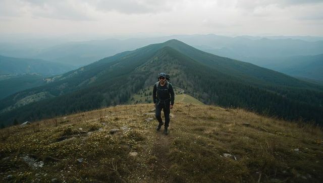 Solo hiker trekking alpine ridge toward summit with backpack and hiking boots
