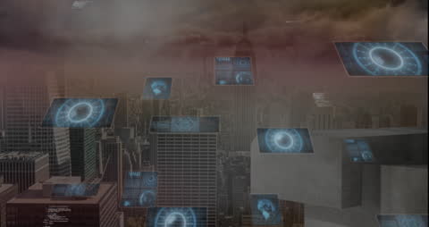 Holographic Data Touchscreens Floating Above Cityscape