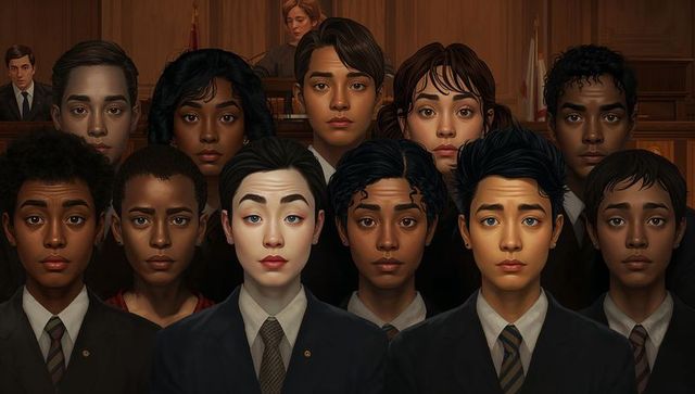 High school mock trial team standing united in wood paneled courtroom wearing dark suits