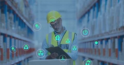 Inspecting Warehouse Worker Using Clipboard Showing Energy Efficiency Sustainability Icons
