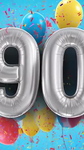 Vertical video celebrating 90th birthday with silver foil balloons drifting through blue confetti