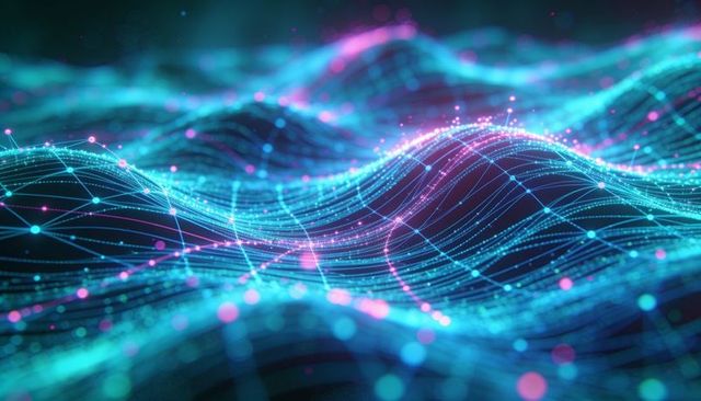 Neon data wave mesh connecting glowing nodes across futuristic digital landscape with depth