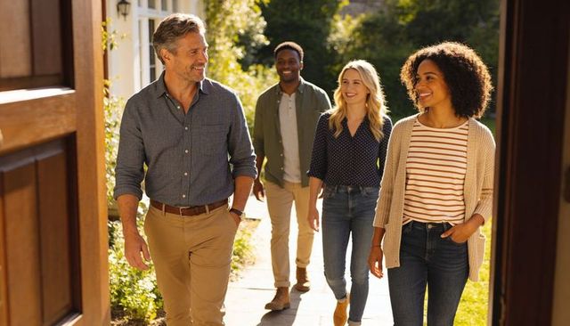 Smiling friends walking through open wooden door onto sunlit garden walkway