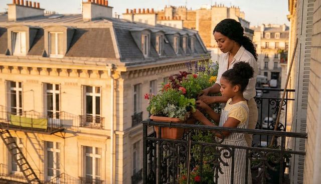 Black mother and daughter gardening on paris balcony with flowering planters at sunset
