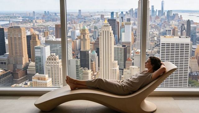 Woman relaxing on curved chaise gazing over panoramic manhattan skyline from modern loft