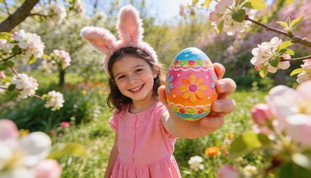 Smiling child wearing bunny ears holding colorful hand-painted easter egg in flowering spring garden