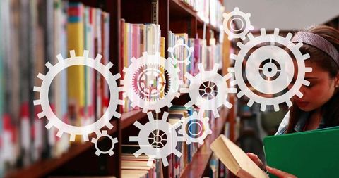 Student browsing library with gear overlay representing learning and innovation