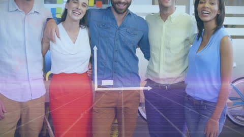 Diverse Team Smiling with Digital Overlay in Modern Office