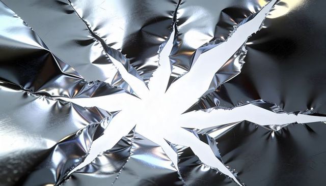 Star-shaped tear in reflective aluminum foil revealing bright backlight, jagged metallic texture