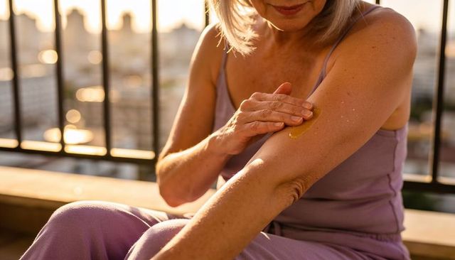 Mature woman applying golden body oil to forearm on sunlit urban balcony for skin care