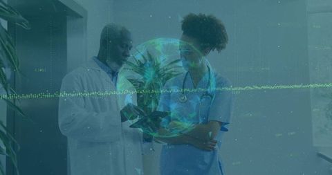 Medical Professionals Discussing Patient Care in Futuristic Clinic