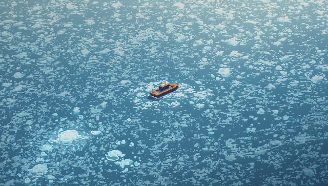 Orange-hulled vessel sailing through sunlit arctic sea dotted with ice floes
