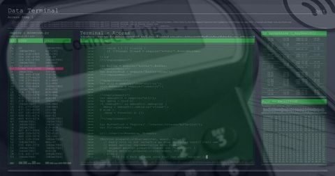Futuristic Green Terminal Interface on Desk Displaying Code