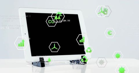 Tablet with Floating Eco Icons for Sustainable Technology Concept