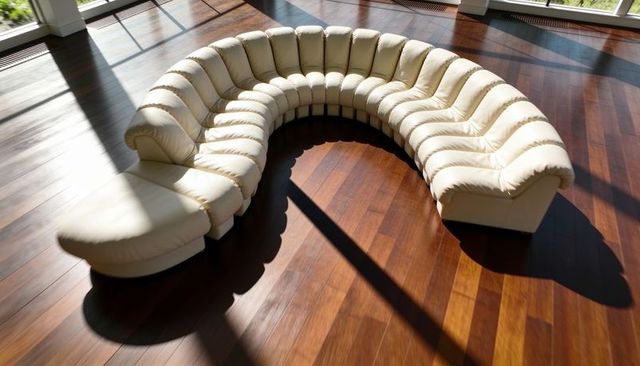 Sunlit curved cream leather sectional on polished hardwood floor in minimalist studio