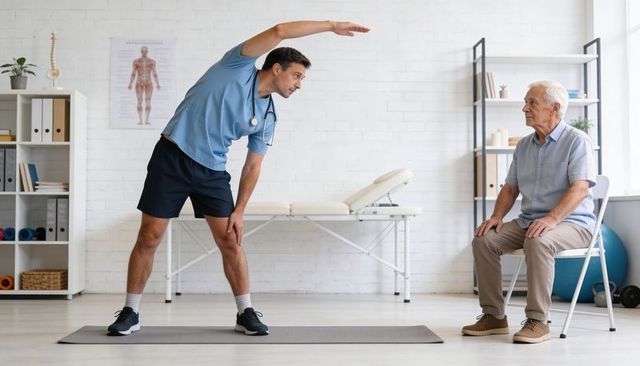 Physiotherapist guiding senior patient through seated side stretch in bright rehab clinic