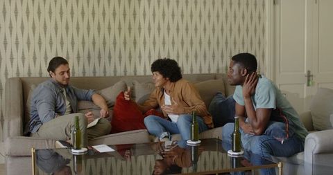 Friends Relaxing with Drinks in Cozy Living Room Setting